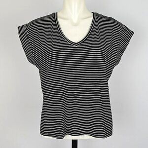 Studio Women's Capped Sleeves VNeck Top Black White Pin Stripe Soft Stretch Sz S